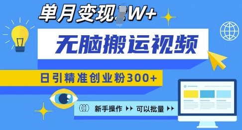 无脑搬运视频号可批量复制，新手即可操作，日引精准创业粉300+，月变现过W 【揭秘】-中创网_分享创业项目_互联网资源