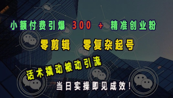 小额付费引爆 300 + 精准创业粉，零剪辑、零复杂起号，话术撬动被动引流，当日实操即见成效-中创网_分享创业项目_互联网资源