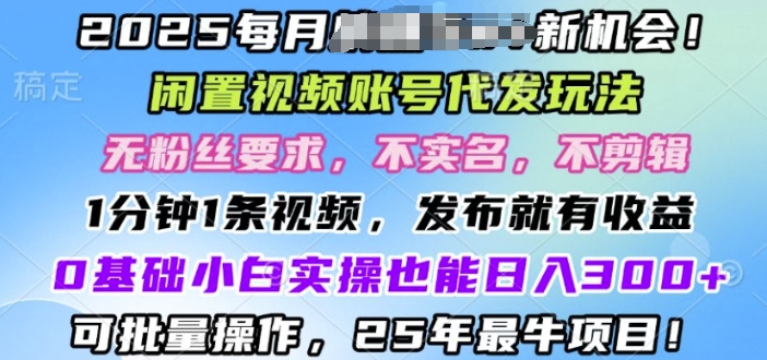 2025闲置视频账号一键代发玩法，0粉不实名不剪辑，领了视频直接发，0基础小白也能日入3张-中创网_分享创业项目_互联网资源